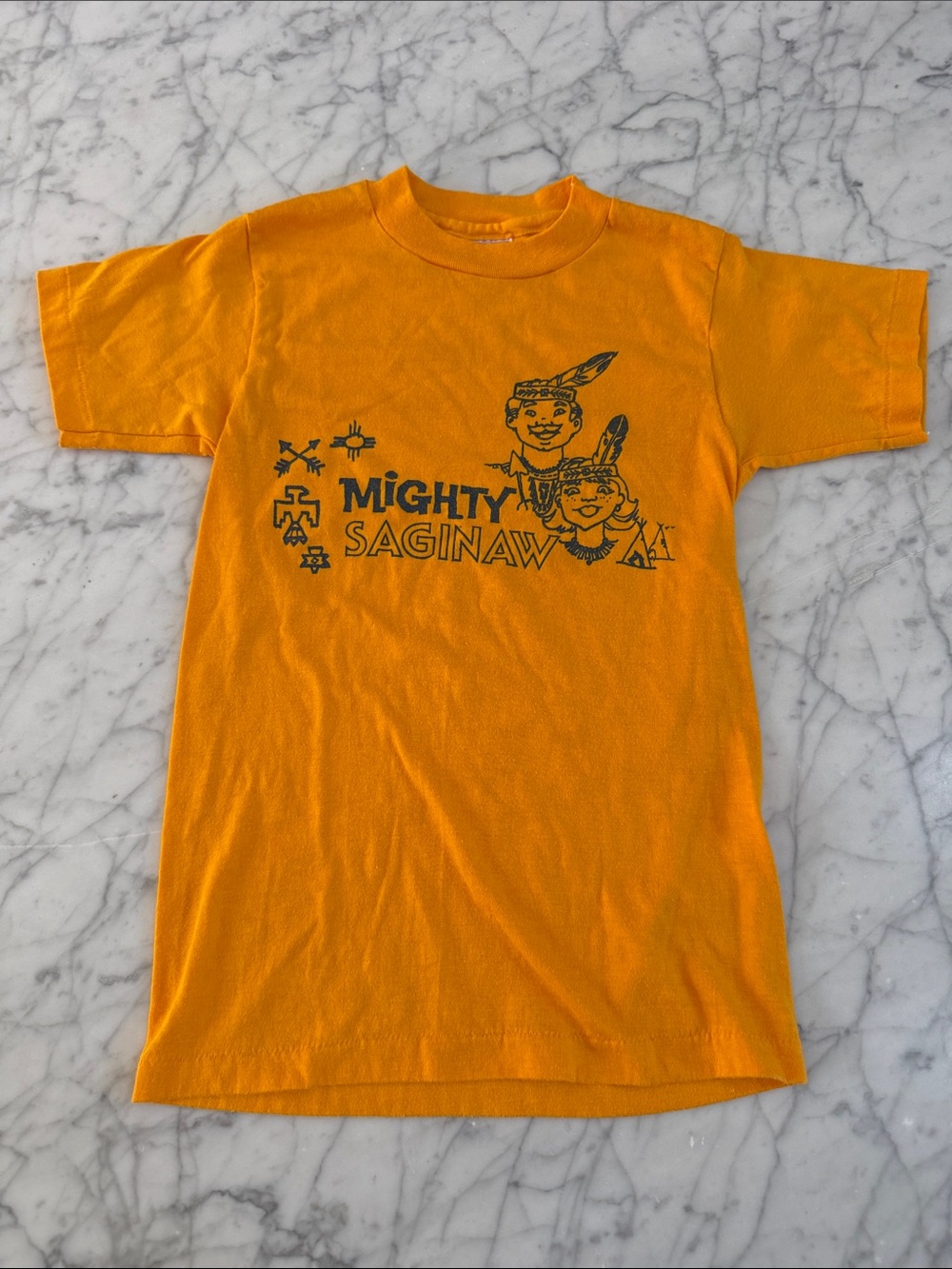VTG Mighty Saginaw Indian Camp Out Orange Kids Graphic Tee Sz 6/7